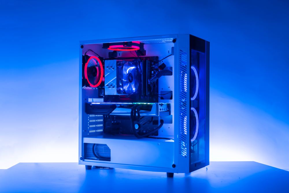 Gaming computer interior with cooling fans